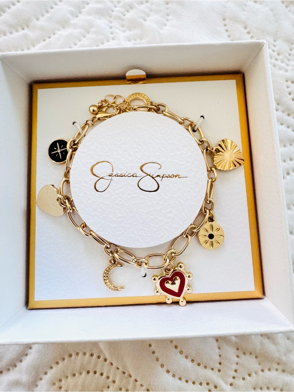 Jessica Simpson Gold Charm Bracelet with Red Heart and Mixed Charms